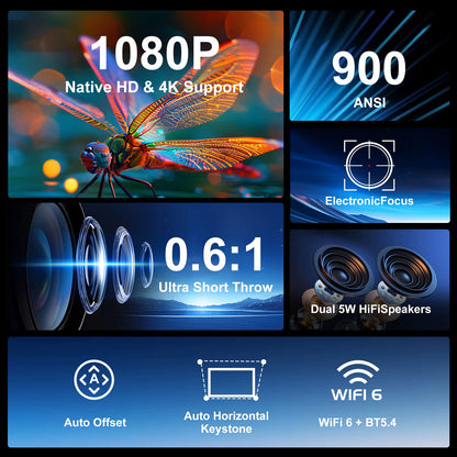 HY450 Projector with Ultra Short Throw Auto Offset 1080P 8K Electronic Focus 900 ANSI Air Mouse Voice Assistant H716