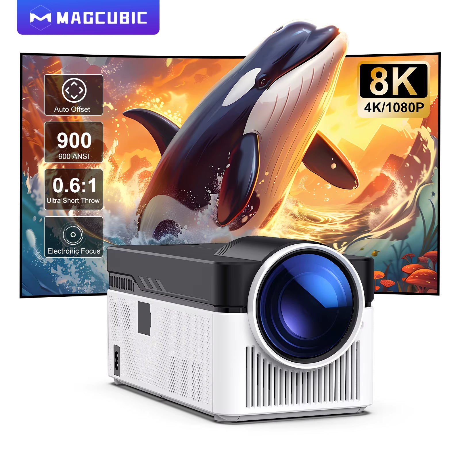 HY450 Projector with Ultra Short Throw Auto Offset 1080P 8K Electronic Focus 900 ANSI Air Mouse Voice Assistant H716